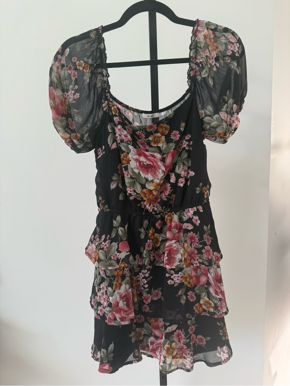mi Ami Black Floral Mini Dress with Pink and Orange Blooms